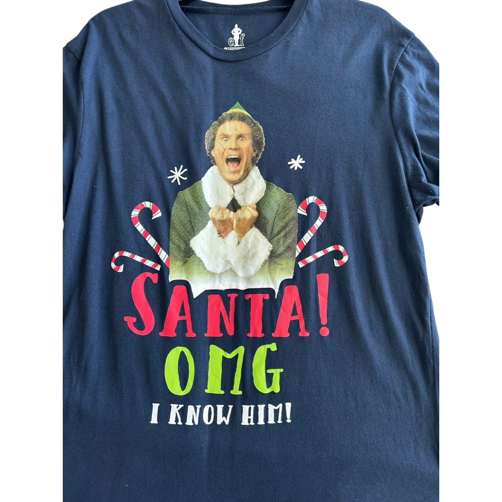 Elf Movie Santas Coming OMG I know Him Short Sleeve Crew Blue Shirt Size Large L - Picture 4 of 10